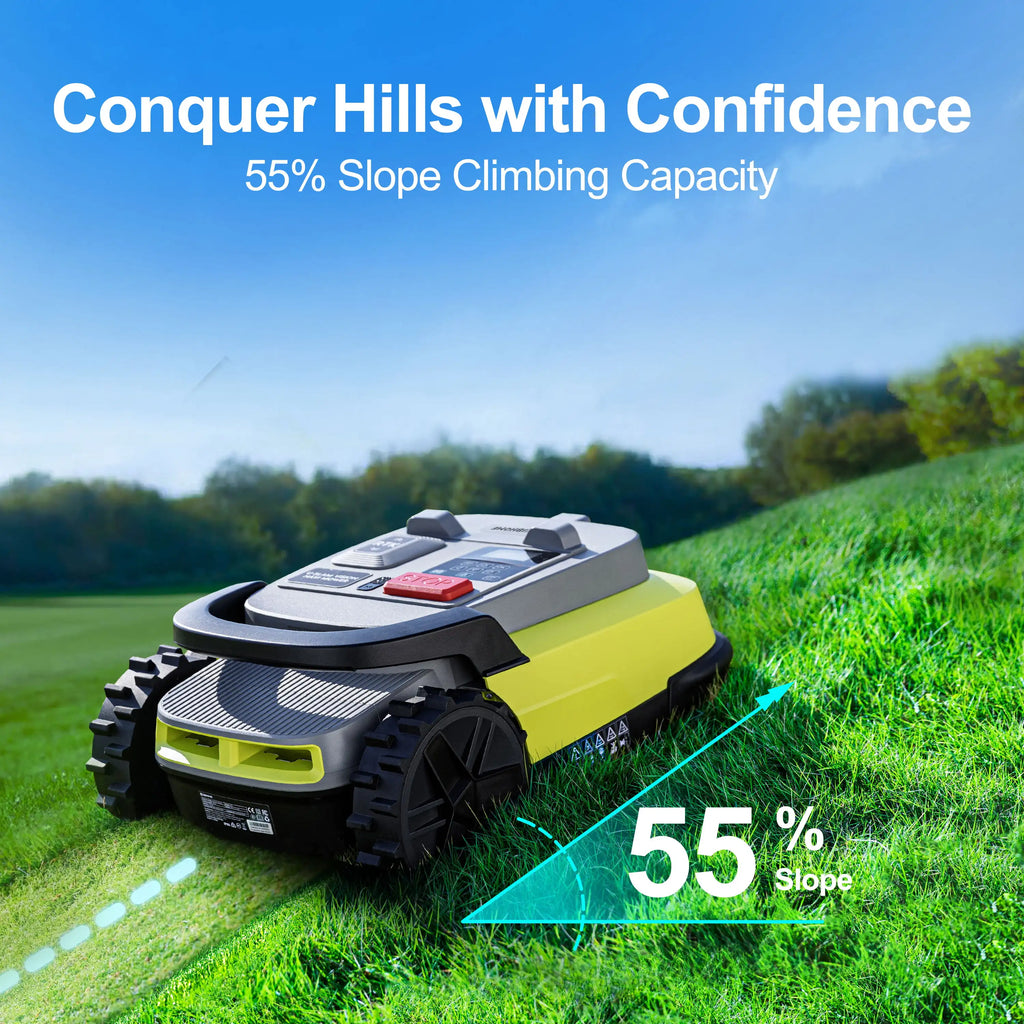 Robot Tondeuse Sans Fil – 1000 m², 90 min, Pente 55%, RTK+IA